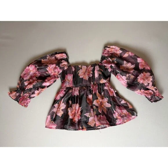Nasty Gal Floral Smocked Peplum Blouse XS Sheer Long Sleeve Pink & Black - Picture 2 of 10